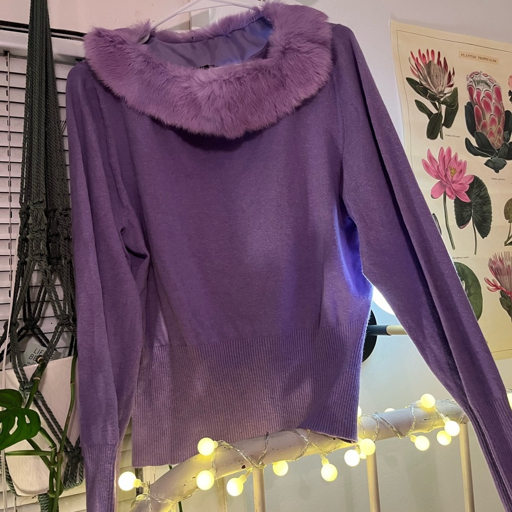 Vintage John Paul Richard Purple Sweater With Detachable Rabbit Fur Collar 💜